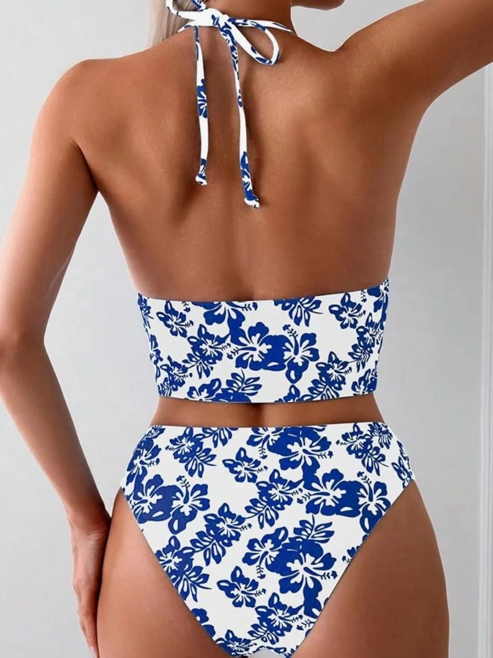 Blue Floral Halter Tankini Bikini Set - Women Swim. NWOT